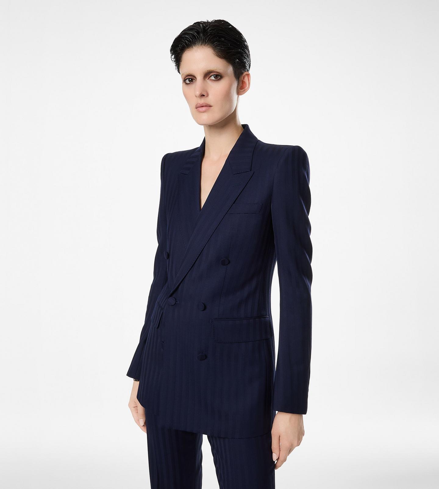 TONAL STRIPE VIRGIN WOOL DOUBLE BREASTED PEAK LAPEL JACKET