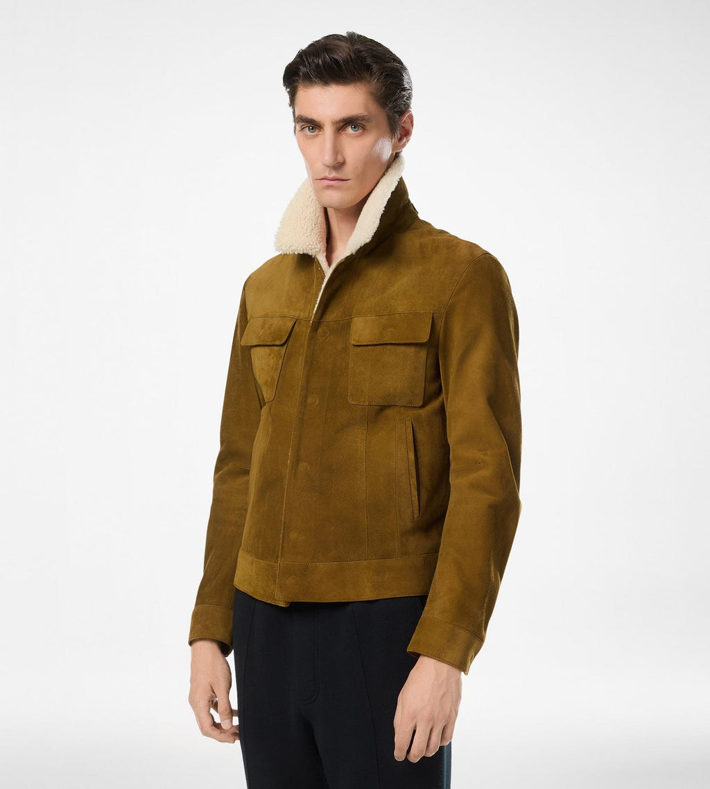 BRUSHED SUEDE SHEARLING COLLAR TRUCKER